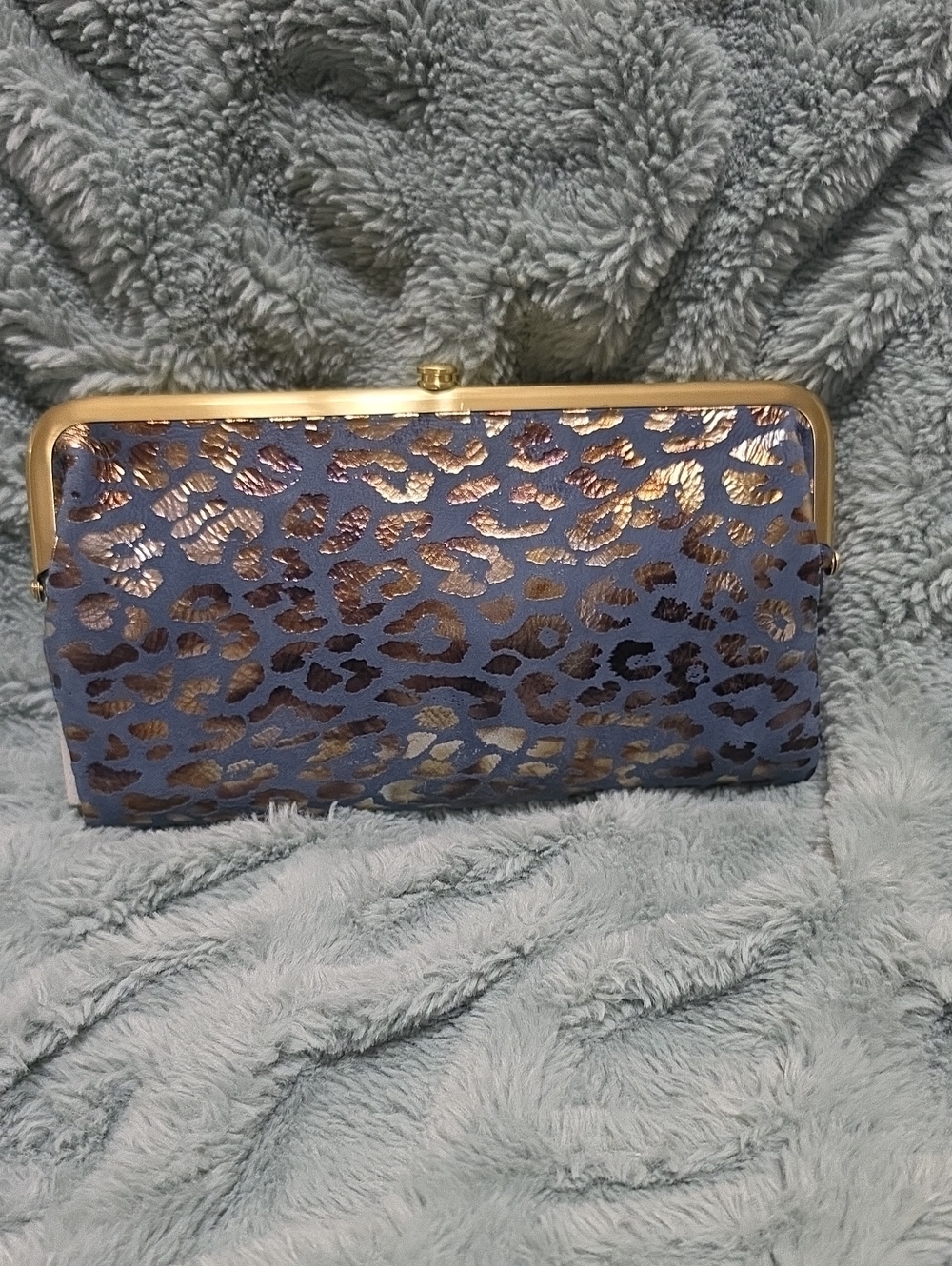 HOBO Blue Clutch with Gold Leopard Accent